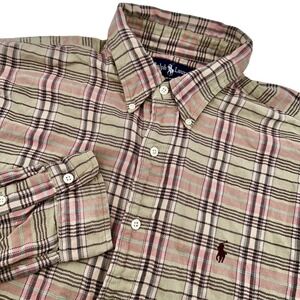 Ralph‎ Lauren Plaid Flannel Button Up Shirt Men's XL Tan Pink Long Sleeve Casual